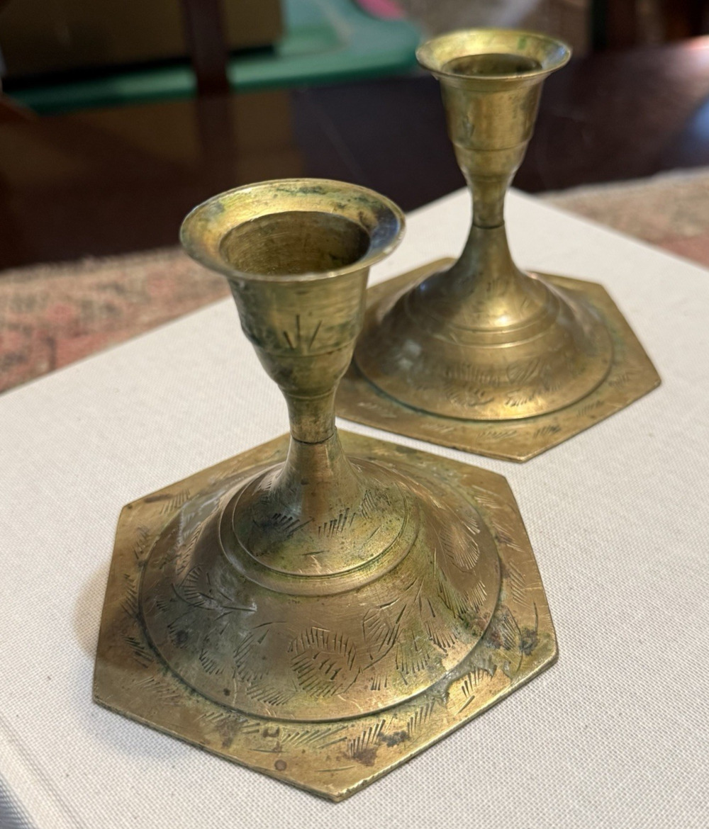 Vintage Etched Brass Candlestick Pair – Hand‑Marked India – Mid‑Century Boho